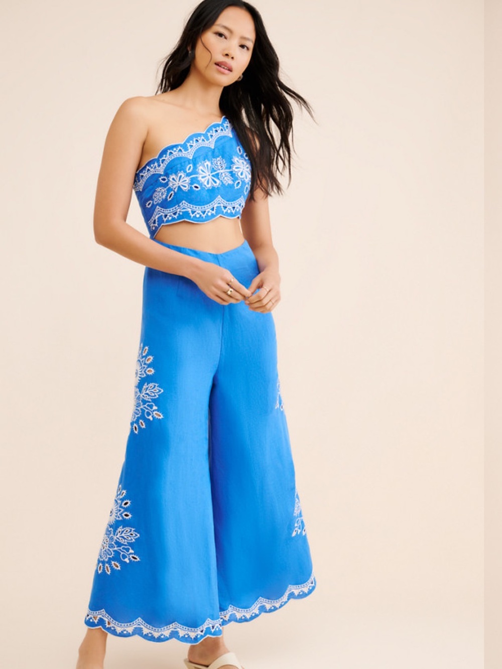 FARM Rio Bright Blue Wide-Leg Embroidered Pants Size S
